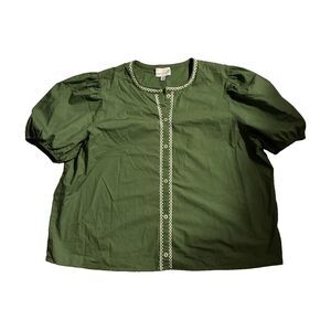 Cartolina Nantucket Women’s Green Embroidered Puff Sleeve Shirt Blouse XL